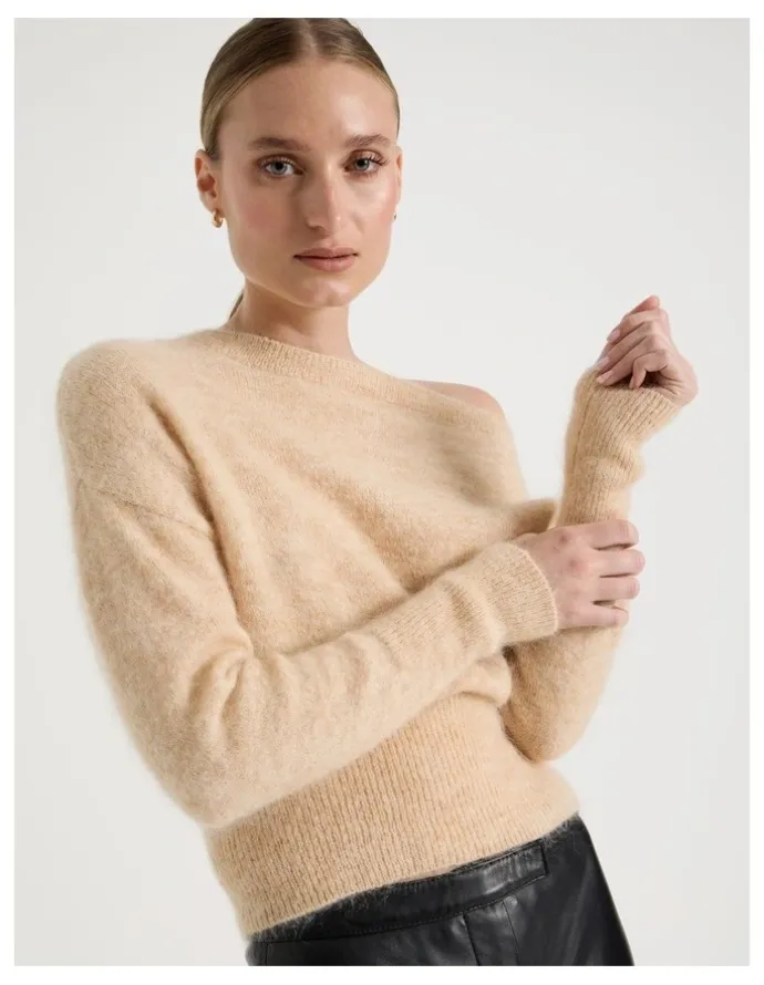 Blaq Wool Mohair Blend Fluffy Off The Shoulder Knit Jumper in Stone