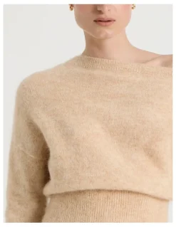 Blaq Wool Mohair Blend Fluffy Off The Shoulder Knit Jumper in Stone