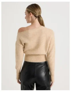 Blaq Wool Mohair Blend Fluffy Off The Shoulder Knit Jumper in Stone