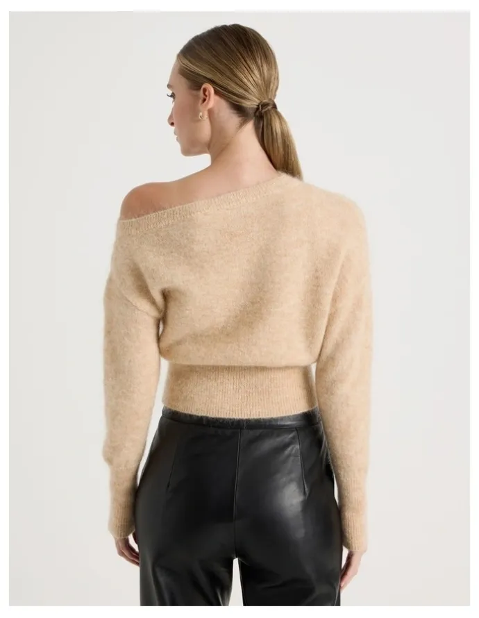 Blaq Wool Mohair Blend Fluffy Off The Shoulder Knit Jumper in Stone