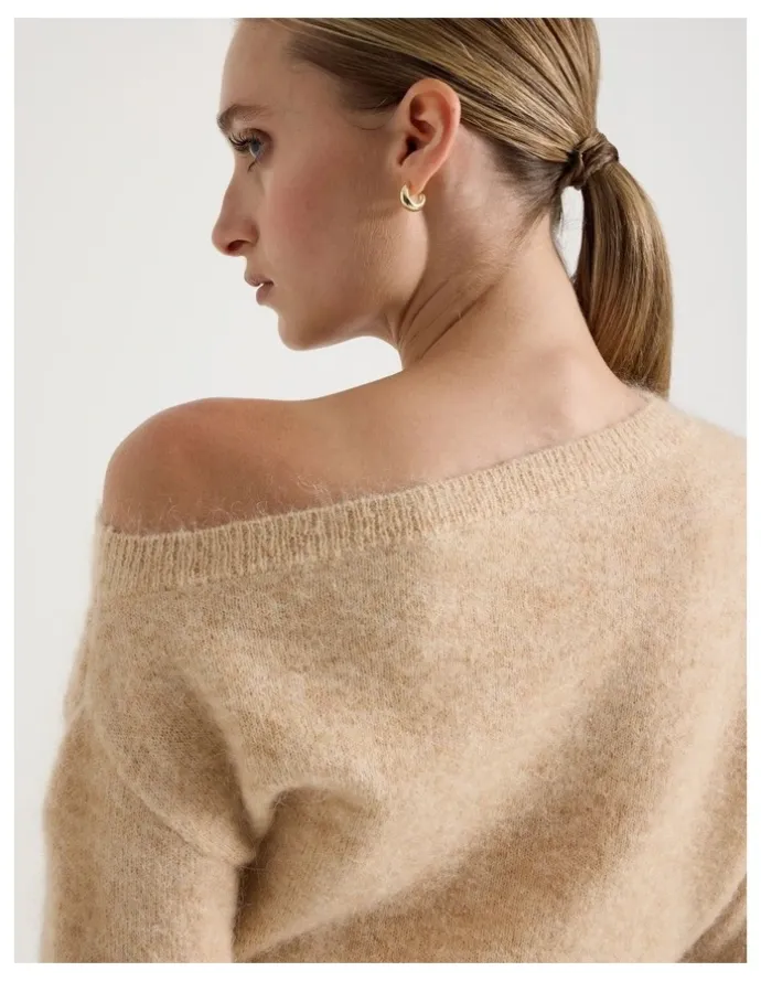 Blaq Wool Mohair Blend Fluffy Off The Shoulder Knit Jumper in Stone
