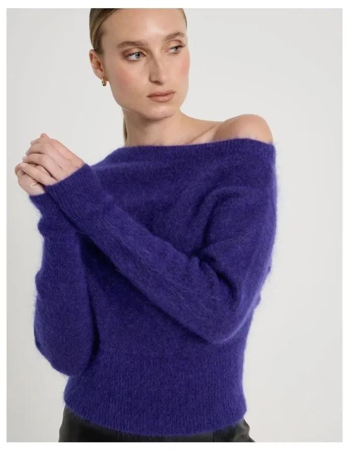 Blaq Wool Mohair Blend Fluffy Off The Shoudler Knit Jumper in Purple
