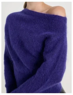 Blaq Wool Mohair Blend Fluffy Off The Shoudler Knit Jumper in Purple