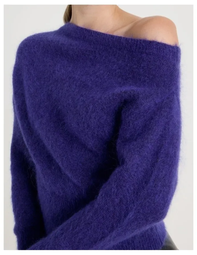 Blaq Wool Mohair Blend Fluffy Off The Shoudler Knit Jumper in Purple