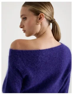 Blaq Wool Mohair Blend Fluffy Off The Shoudler Knit Jumper in Purple