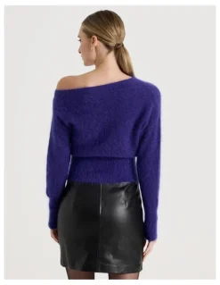 Blaq Wool Mohair Blend Fluffy Off The Shoudler Knit Jumper in Purple
