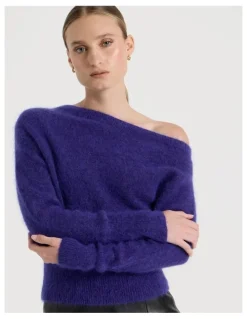 Blaq Wool Mohair Blend Fluffy Off The Shoudler Knit Jumper in Purple