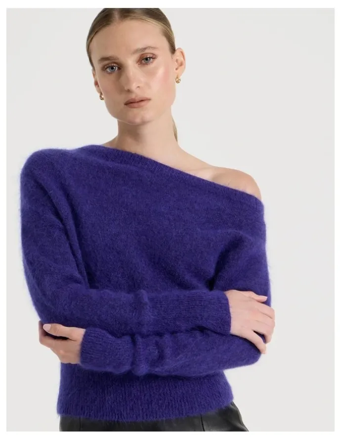 Blaq Wool Mohair Blend Fluffy Off The Shoudler Knit Jumper in Purple