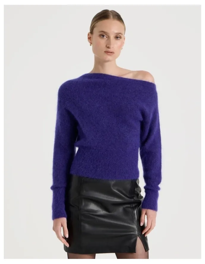 Blaq Wool Mohair Blend Fluffy Off The Shoudler Knit Jumper in Purple