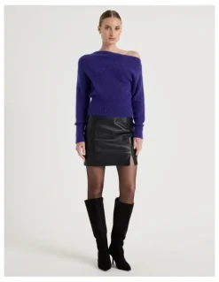 Blaq Wool Mohair Blend Fluffy Off The Shoudler Knit Jumper in Purple