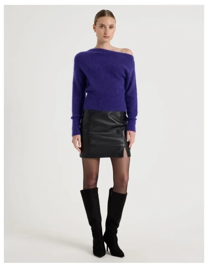 Blaq Wool Mohair Blend Fluffy Off The Shoudler Knit Jumper in Purple
