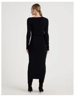 Blaq Asymmetrical Off Shoulder Knit Midi Dress in Black