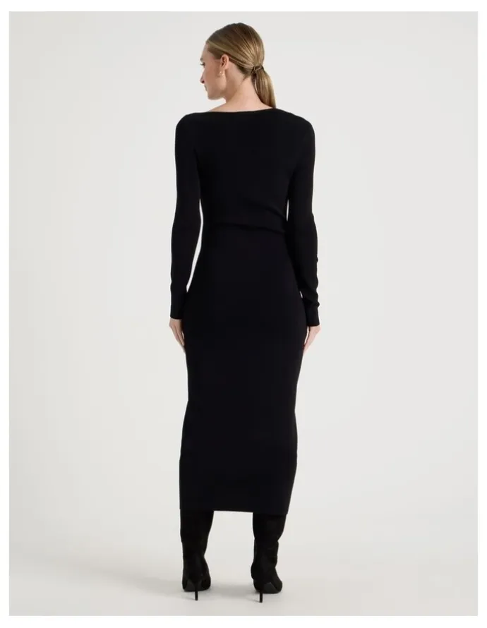 Blaq Asymmetrical Off Shoulder Knit Midi Dress in Black