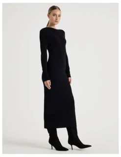Blaq Asymmetrical Off Shoulder Knit Midi Dress in Black