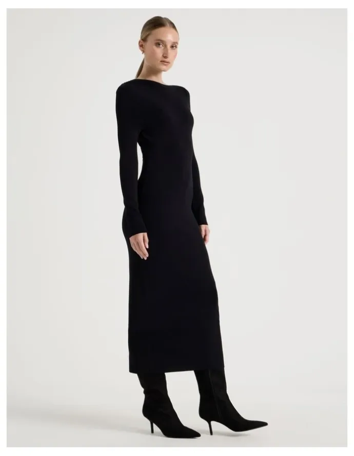 Blaq Asymmetrical Off Shoulder Knit Midi Dress in Black