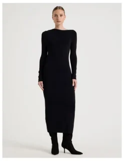 Blaq Asymmetrical Off Shoulder Knit Midi Dress in Black