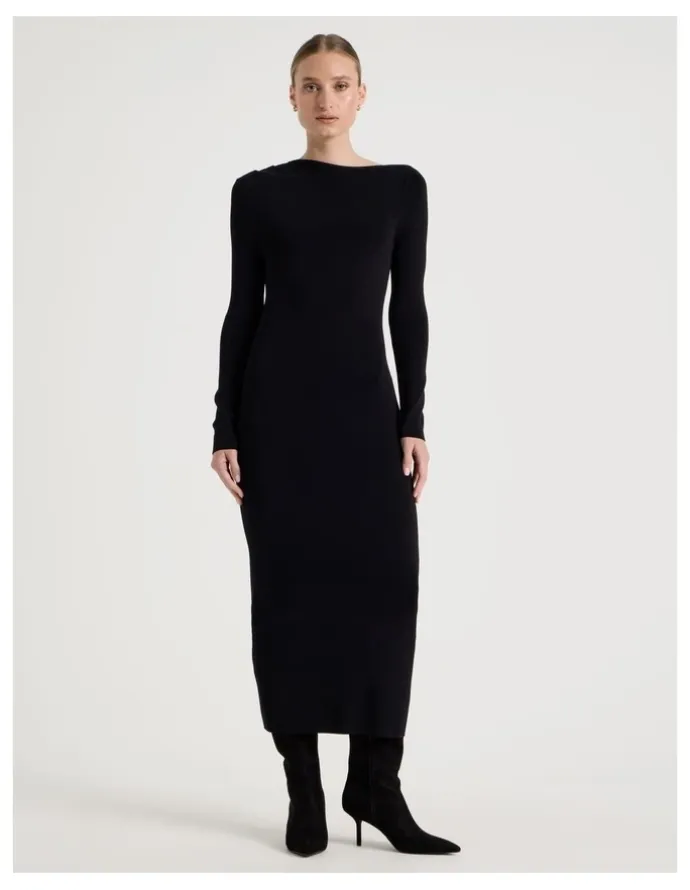 Blaq Asymmetrical Off Shoulder Knit Midi Dress in Black