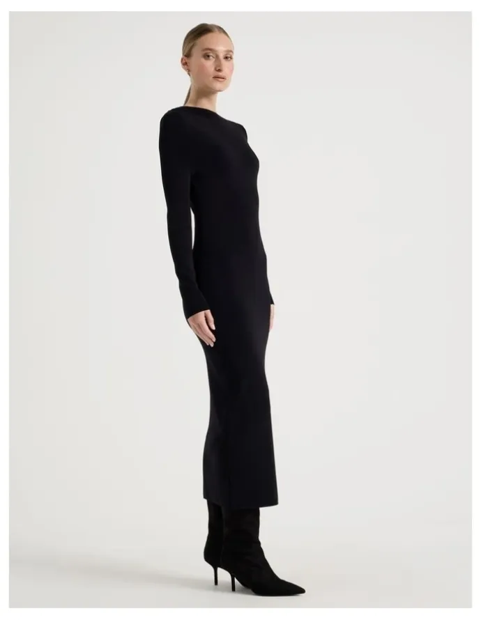 Blaq Asymmetrical Off Shoulder Knit Midi Dress in Black
