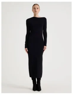 Blaq Asymmetrical Off Shoulder Knit Midi Dress in Black