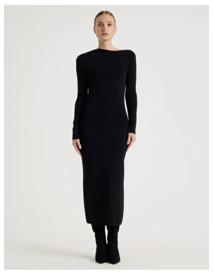 Blaq Asymmetrical Off Shoulder Knit Midi Dress in Black