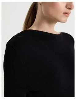 Blaq Asymmetrical Off Shoulder Knit Midi Dress in Black