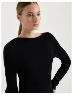 Blaq Asymmetrical Off Shoulder Knit Midi Dress in Black