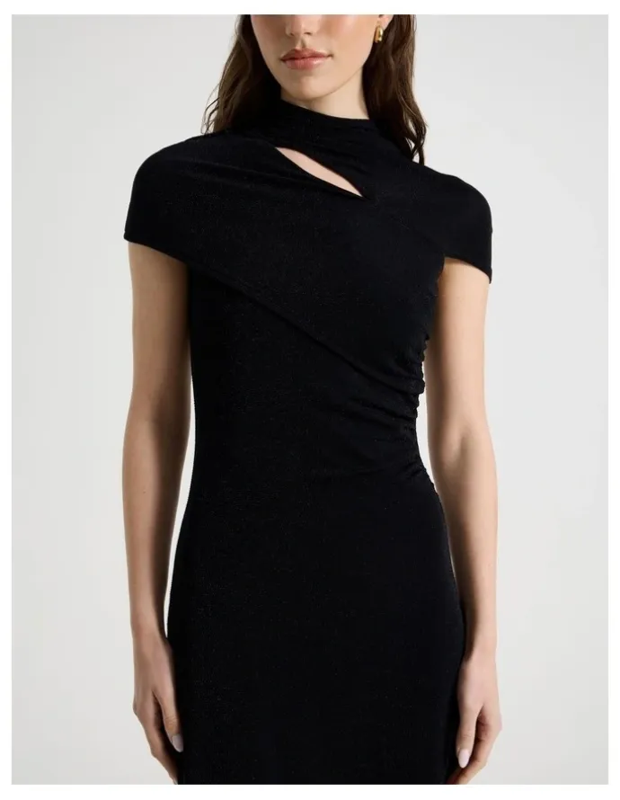Blaq Glitter Mesh Midi Dress in Black