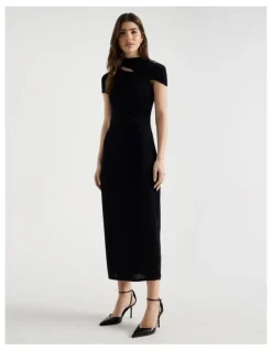 Blaq Glitter Mesh Midi Dress in Black