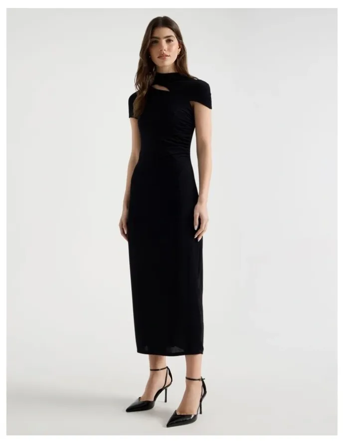 Blaq Glitter Mesh Midi Dress in Black