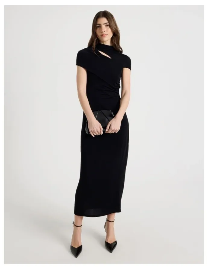 Blaq Glitter Mesh Midi Dress in Black