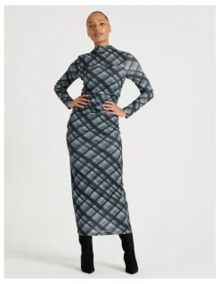 Blaq Jersey Long Sleeve Midi Dress in Atlantic Check