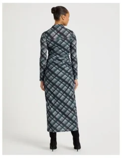 Blaq Jersey Long Sleeve Midi Dress in Atlantic Check