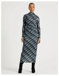 Blaq Jersey Long Sleeve Midi Dress in Atlantic Check