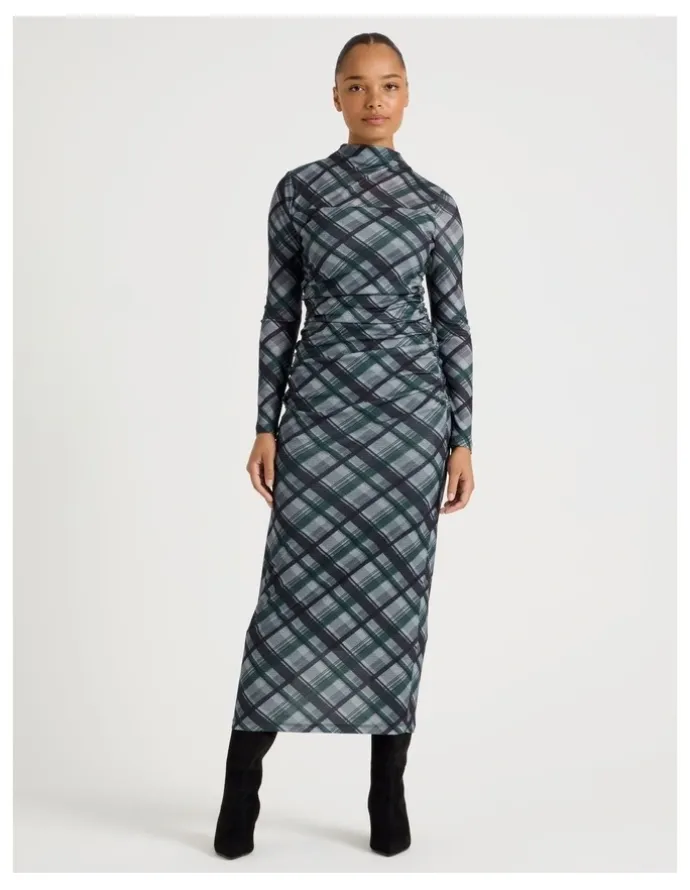 Blaq Jersey Long Sleeve Midi Dress in Atlantic Check