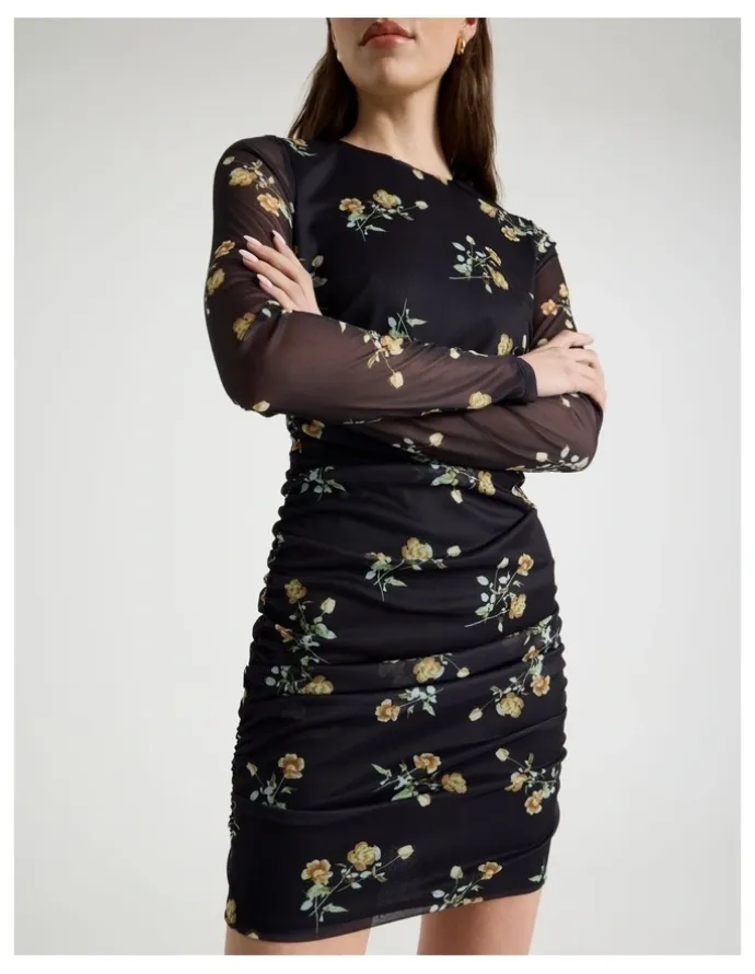 Blaq Mesh Long Sleeve Mini Dress in Black