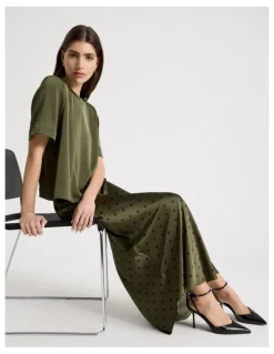 Blaq Satin Maxi Slip Skirt in Olive Spot Print