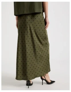 Blaq Satin Maxi Slip Skirt in Olive Spot Print