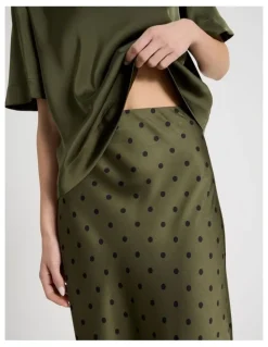 Blaq Satin Maxi Slip Skirt in Olive Spot Print