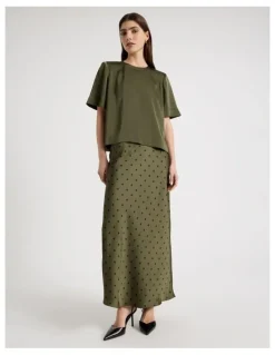 Blaq Satin Maxi Slip Skirt in Olive Spot Print