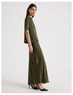Blaq Satin Maxi Slip Skirt in Olive Spot Print