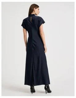 Blaq Satin Mock Neck Midi Dress in Navy