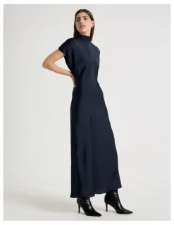 Blaq Satin Mock Neck Midi Dress in Navy