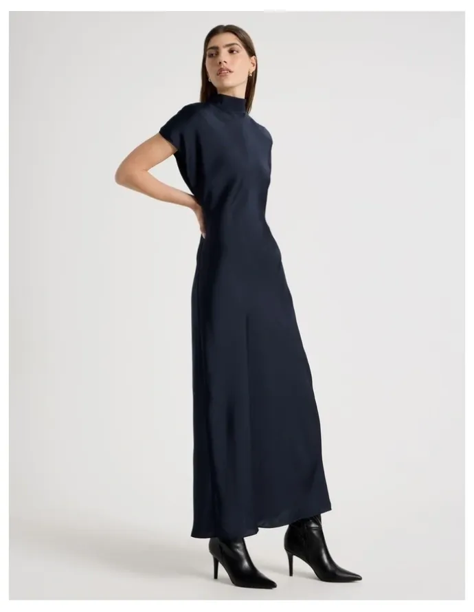 Blaq Satin Mock Neck Midi Dress in Navy