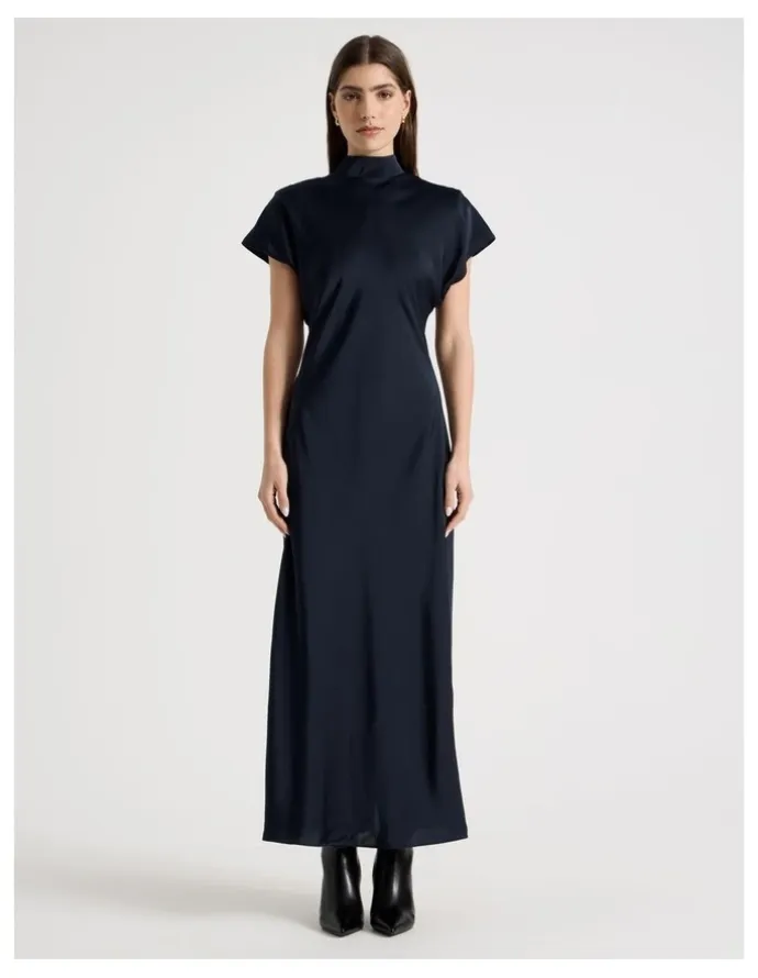 Blaq Satin Mock Neck Midi Dress in Navy