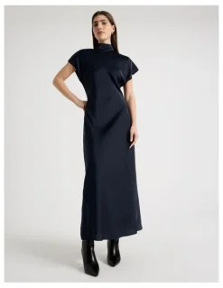 Blaq Satin Mock Neck Midi Dress in Navy