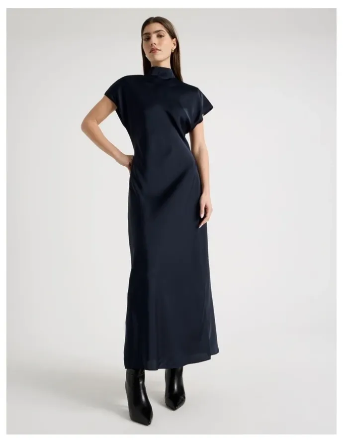 Blaq Satin Mock Neck Midi Dress in Navy