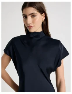 Blaq Satin Mock Neck Midi Dress in Navy