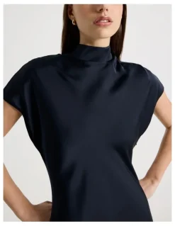 Blaq Satin Mock Neck Midi Dress in Navy