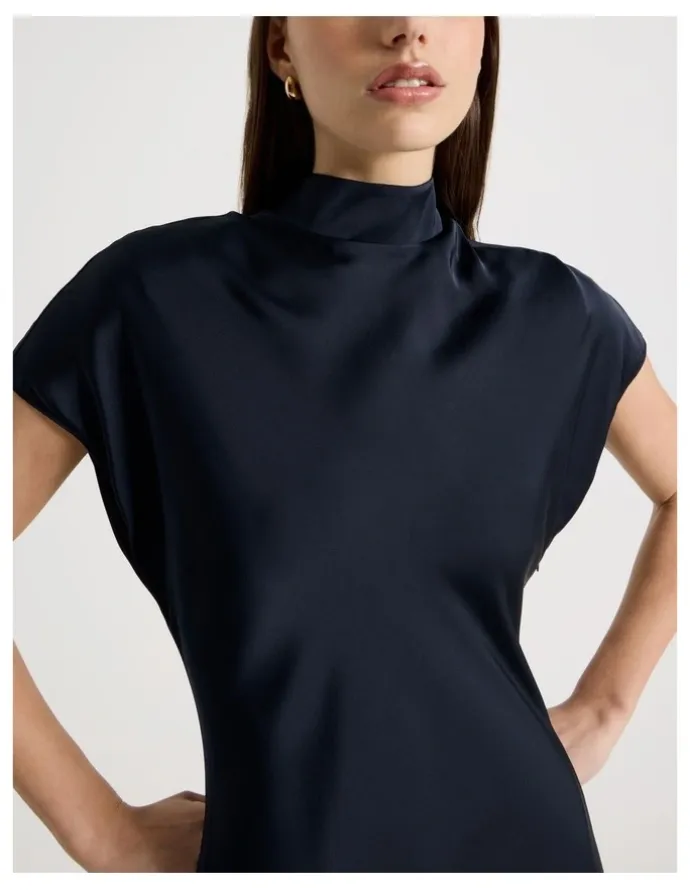 Blaq Satin Mock Neck Midi Dress in Navy