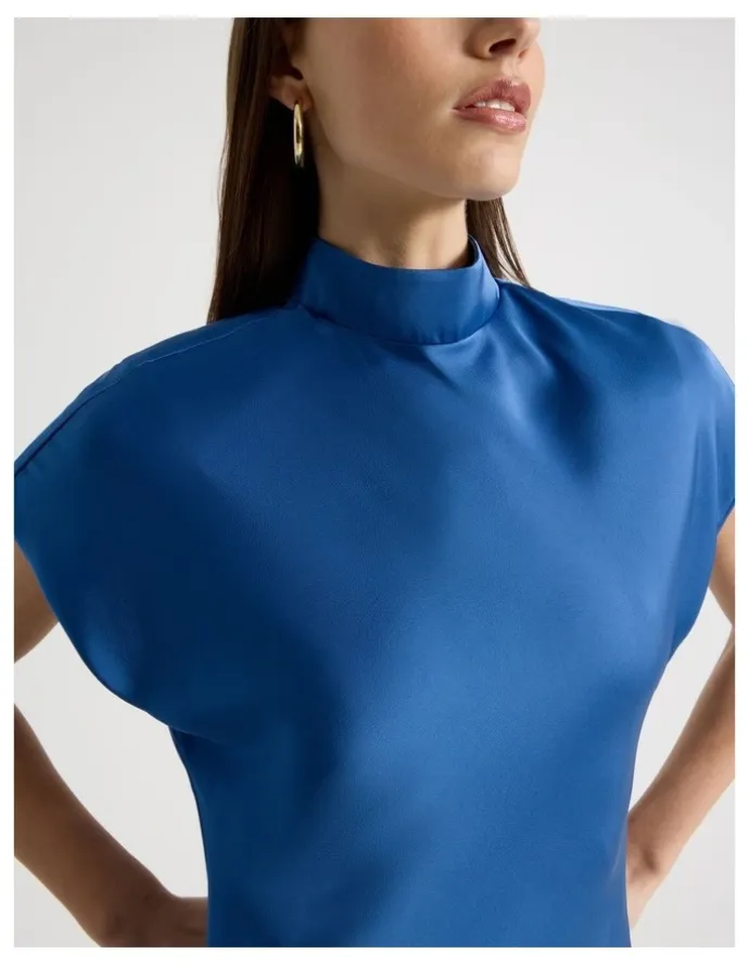 Blaq Satin Mock Neck Midi Dress in Blue
